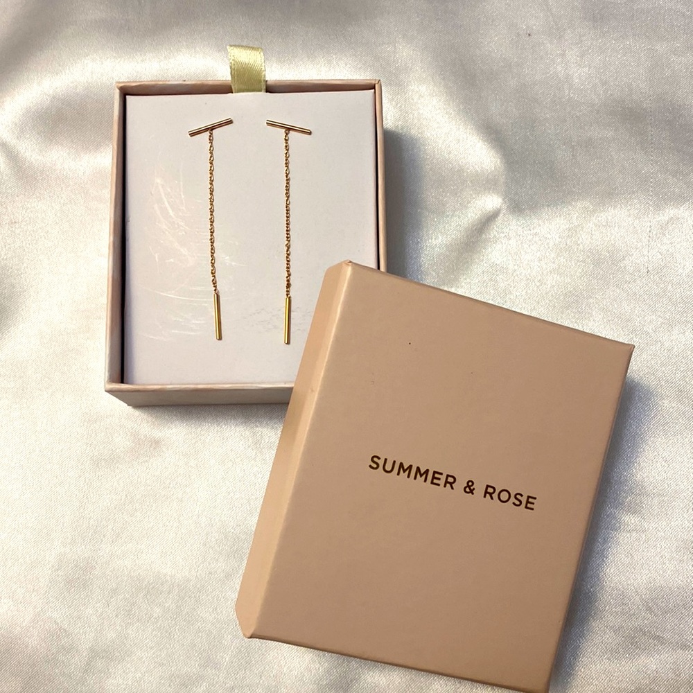 Rose Gold Bar Chain Thread Earrings